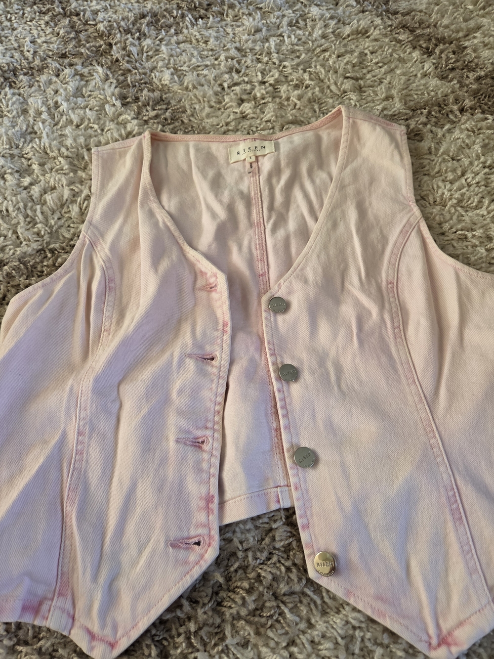 Women's Light Pink Denim Vest by Risen - Sleeveless Button Front - Picture 1 of 7
